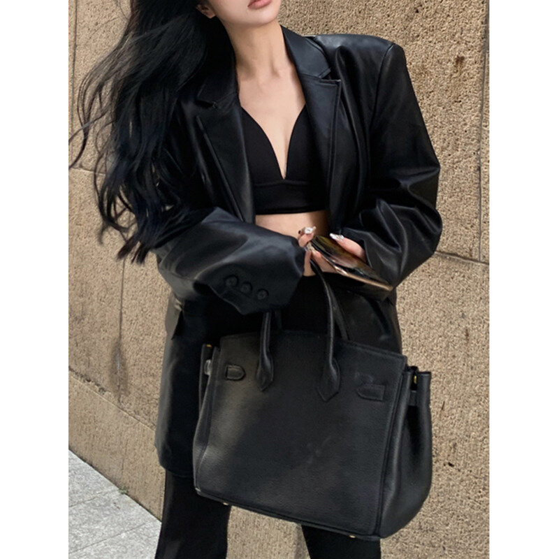 Leather Jackets For Women 2023 Autumn New Solid Long Sleeve Notched Single Button Tailored Coat Korean High Street Y2k Clothes
