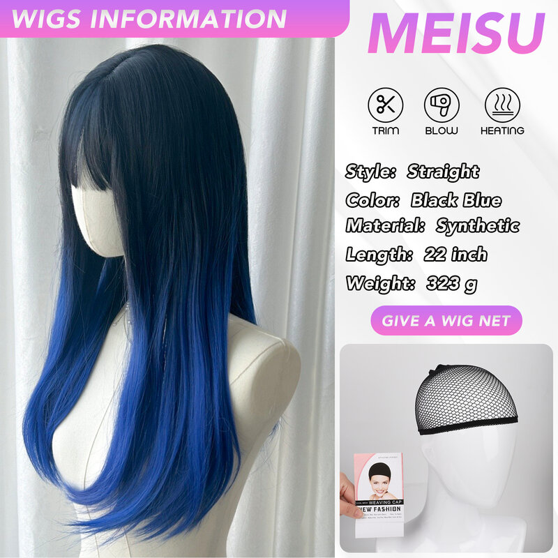 MEISU Straight Wig Black Blue Air Bangs 24 Inch Fiber Synthetic Wig Heat-resistant Natural Party or Selfie For Women Daily Use