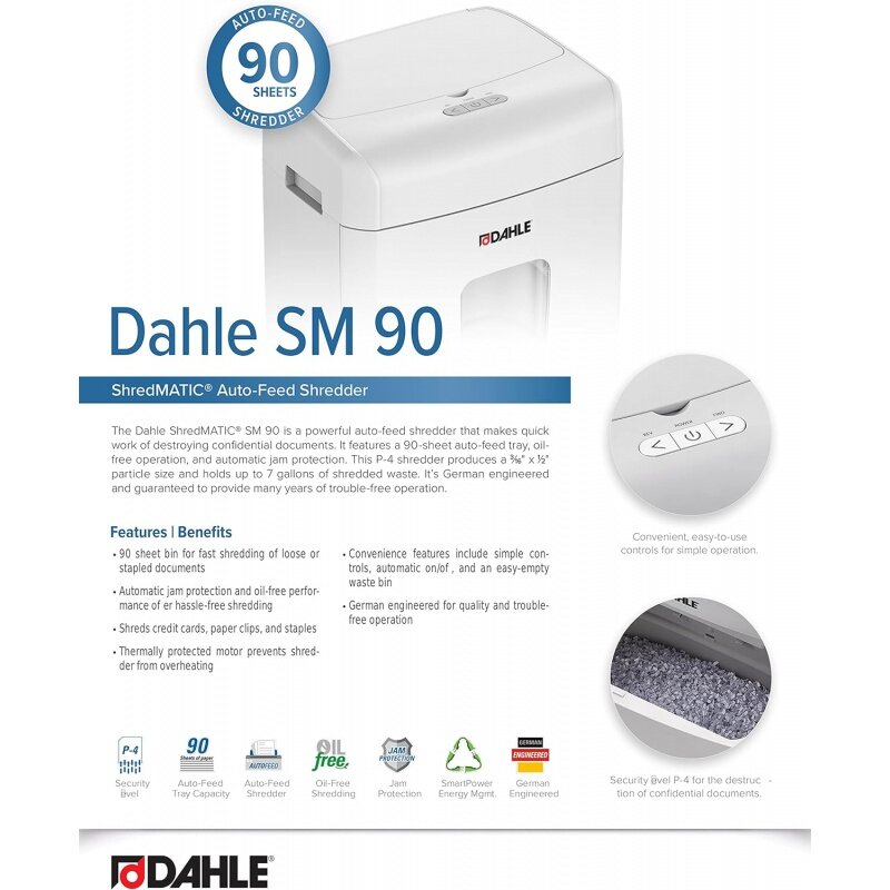 Dahle ShredMATIC SM 90 Auto-Feed Paper Shredder, 90 Sheet Feed Tray, Oil-Free, Jam Protection, Security Level P-4, 1-2 Users