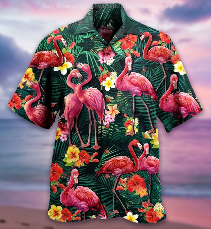 Гавайская рубашка для мужчин, короткий рукав, свободный крой, забавная пляжная одежда с 3D-принтом фламинго, в стиле Харадзюку, лето