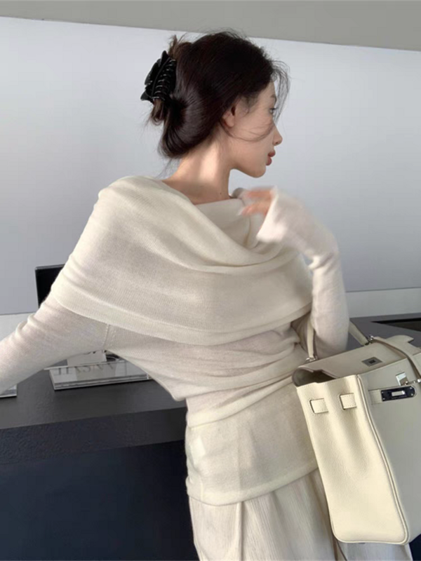 Jersey de punto con cuello oblicuo para mujer, suéter fino de manga larga, Sexy, elegante, hombros descubiertos, ropa de calle, primavera 2024