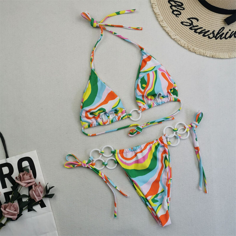 Y2K bikini con estampado de cuerdas para mujer, traje de baño de dos piezas con Tanga triangular, Sexy, brasileño, para playa