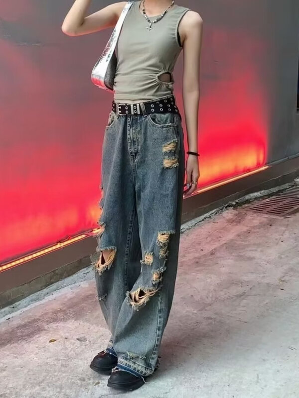 Small High Street Distressed Jeans Trendy Brand Washed Vintage Versatile Trendy Wide Leg Loose Design Pants Inset Women's Jeans