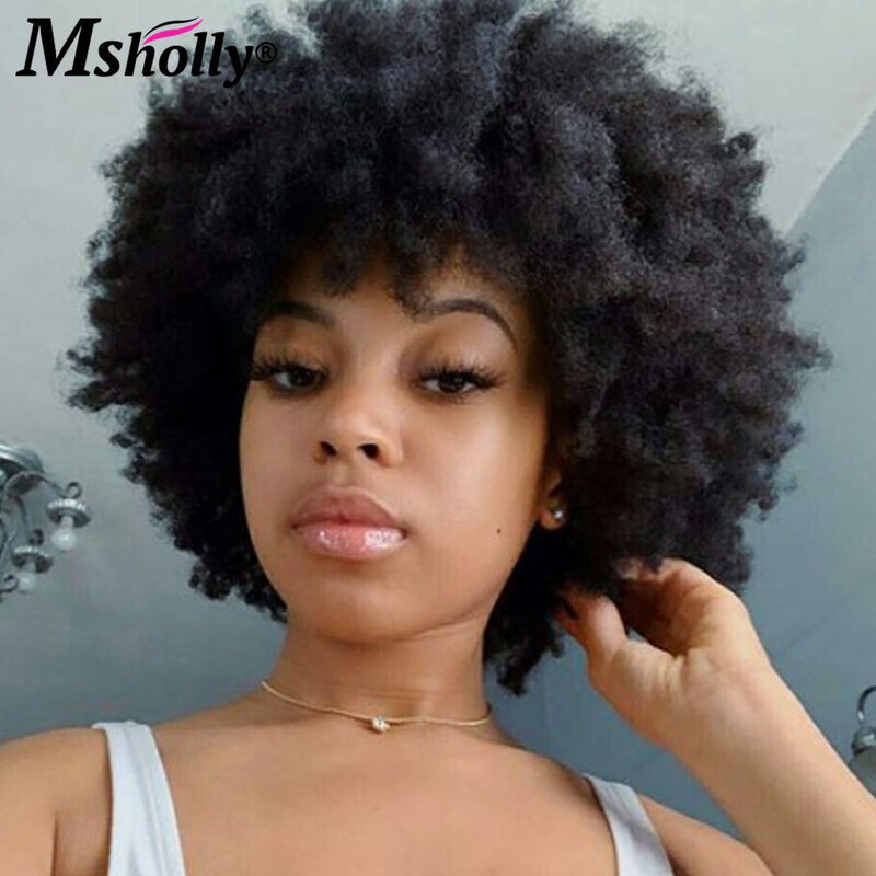 Curto Afro Kinky Curly Pixie Corte Peruca para Mulheres, Malásia, Preto Colorido, Perucas de Cabelo Humano, Máquina Completa Feita, Cabelo Remy