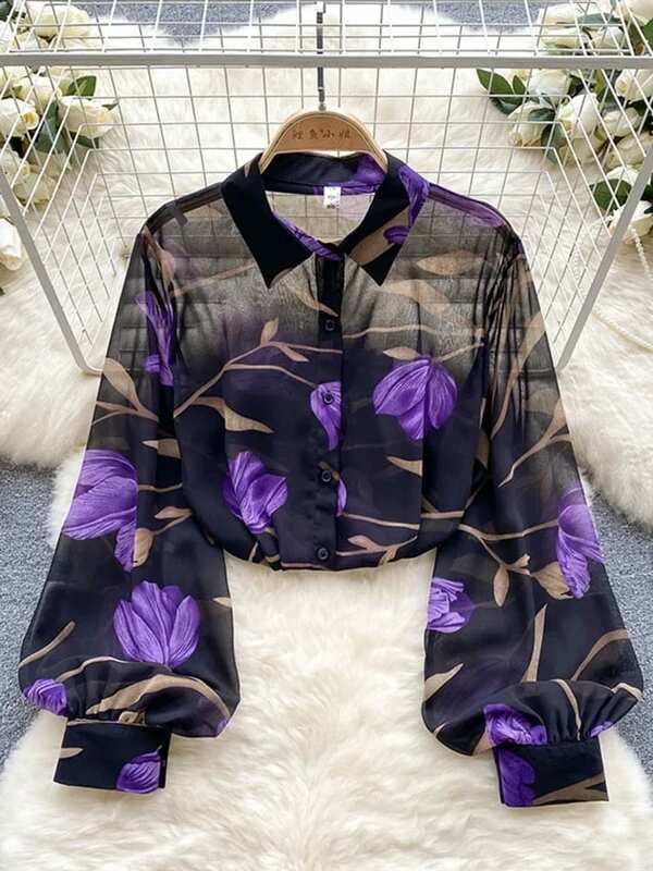 Blusa de gasa con estampado Floral para mujer, camisa holgada con solapa y manga abombada, con botones, estilo Retro, a la moda, para primavera y otoño, GD611