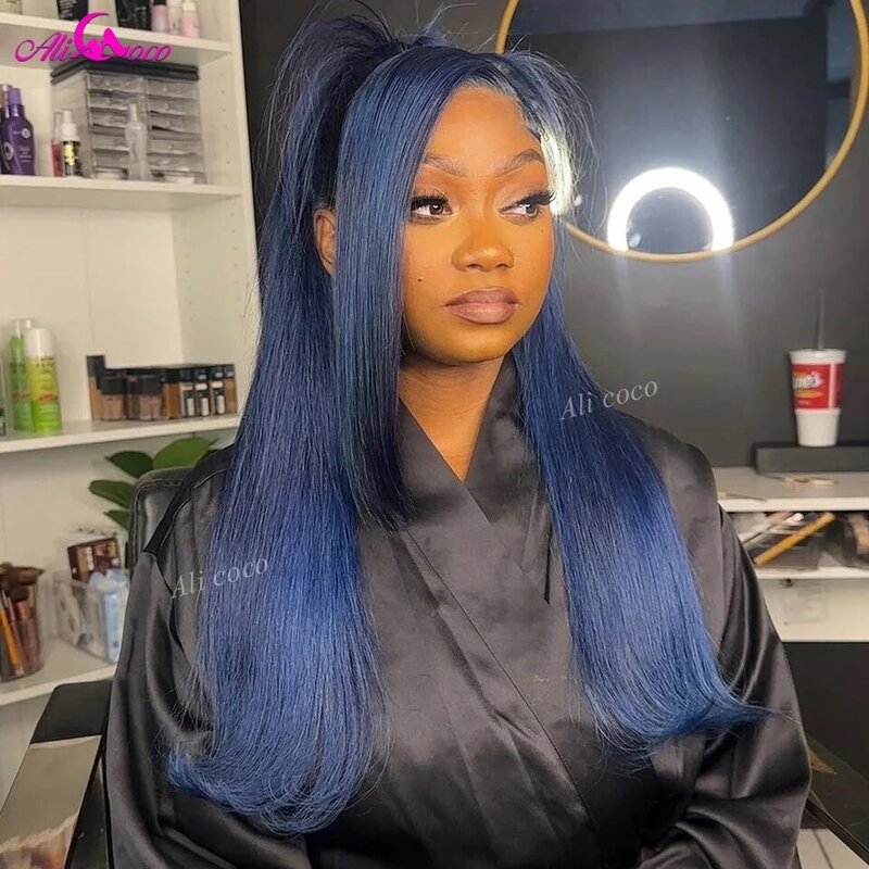 Wig rambut manusia Frontal renda lurus warna biru 13x6 13X4 untuk wanita Wig penutupan renda transparan rambut Brasil telah ditanami