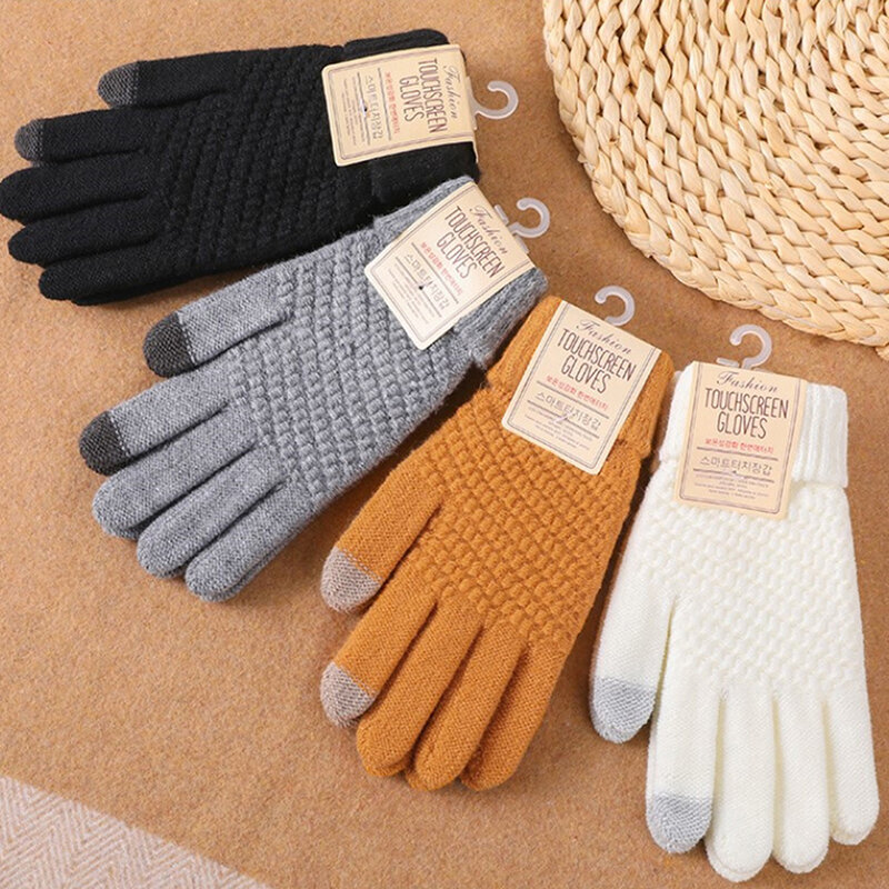 Rękawiczki zimowe do ekranów dotykowych kobiety męskie ciepłe rozciągliwe dzianinowe rękawiczki z imitacją wełny na cały palec Guantes damskie szydełkowe Luvas zagęszczają