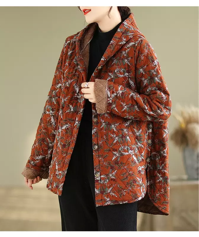 Women's Ethnic Style Floral Hooded Long-sleeved Single Breasted Coat Loose Vintage Casual Keep Warm Wide-waisted Cotton Jacket