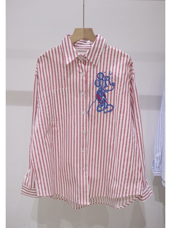 Potdemiel Удобная полосатая мультяшная вышитая 2024 Весенняя свободная стройнящая хлопковая рубашка с длинным рукавом Универсальные женские блузы