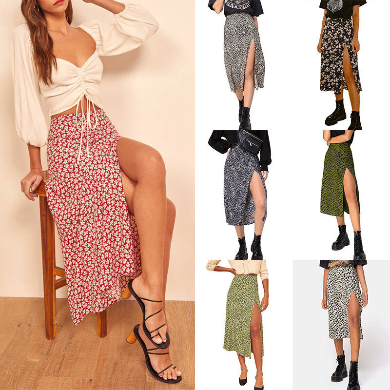 1PC Beach Skirts Long High Waist Stretch Split A-line Skirts Vintage Flower Women Print