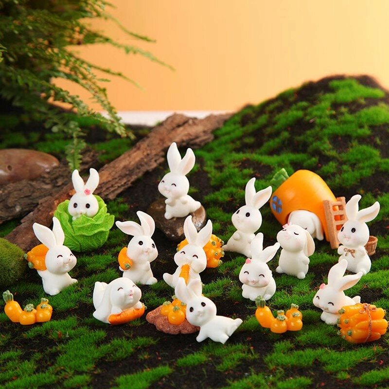 18Pcs Cute Mini Rabbit Miniature Figurines Carrot House Dolls DIY Fairy Garden Ornament Micro Bunny Decorations DIY Animals Bosa