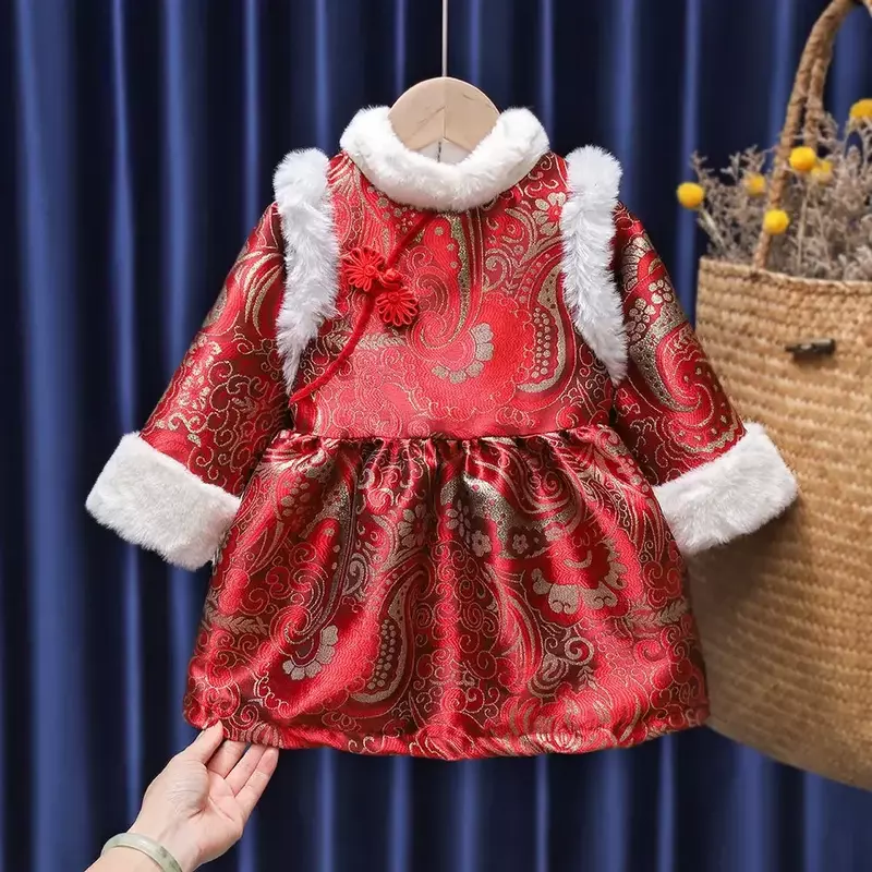18 kolorów Baby Girl Tang pasuje do dzieci w stylu chińskim Plus aksamitne zagęszczone ciepła sukienka ślubne świąteczne sukienki księżniczki nowego roku