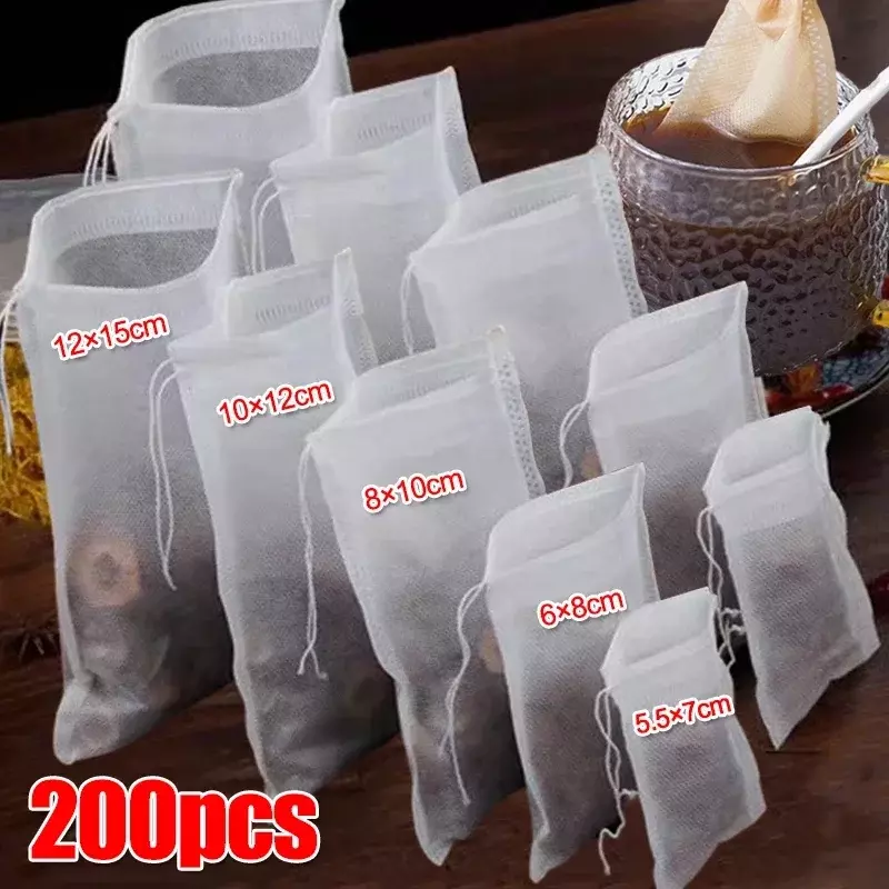 Sacos descartáveis de filtro de chá com cordão, tecido não tecido, papel de filtro de cozinha, café, ervas, chá solto, 200 PCs, 50PCs