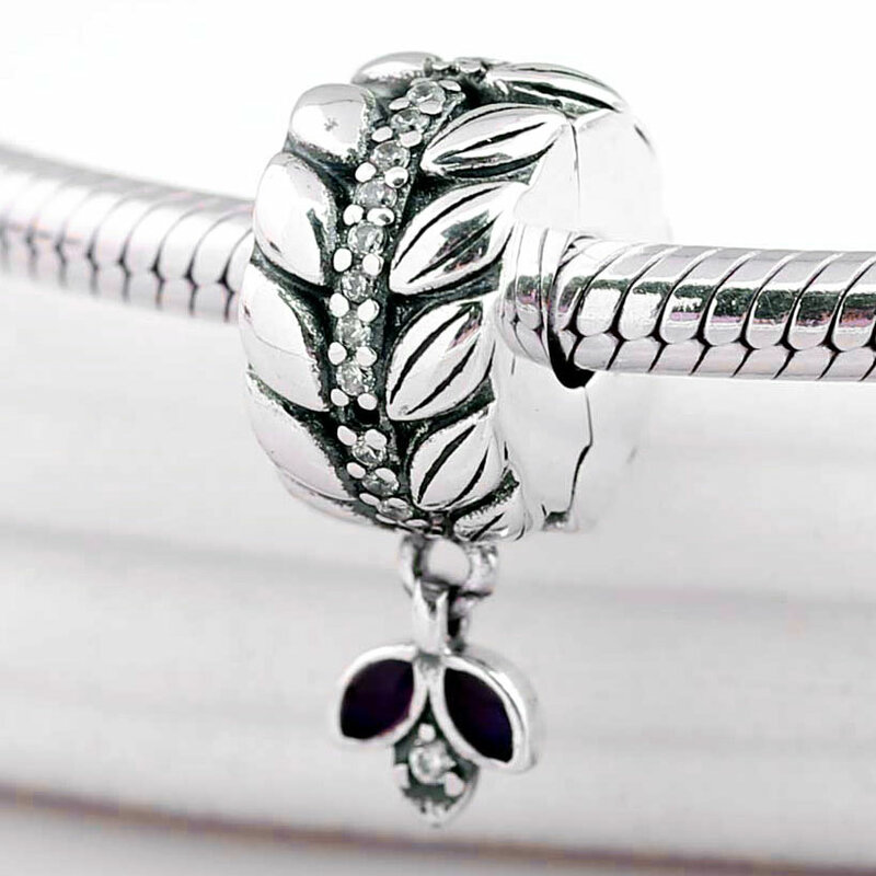 Perles en argent regardé 925 avec bouchon à clip en cristal, véritable émail violet, grains d'énergie, breloque, convient pour bracelet à la mode, bijoux à bricoler soi-même