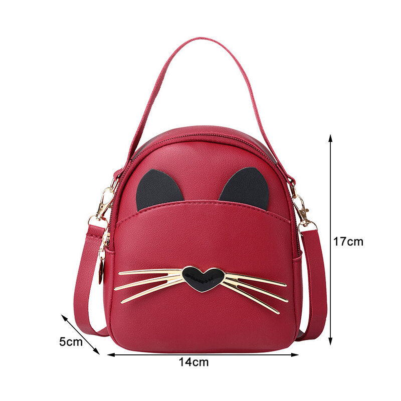 Women's Mini Backpacks PU Leather Crossbody Bag Ladies Cartoon Cat Pattern Phone Pouch Causal Candy Color Small Shoulder Bag