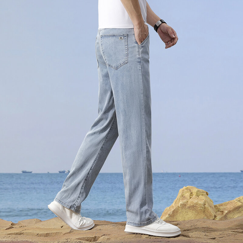 กางเกงยีนส์ทรงหลวมของผู้ชายผ้าไอซ์ซิลค์ทรงตรงกางเกงสีเทาควัน40 42สำหรับ2024ฤดูร้อน