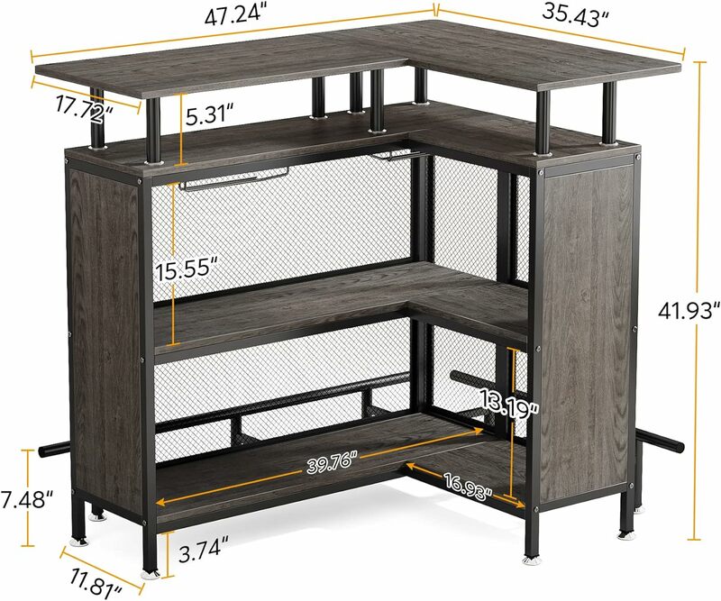 Compatto a forma di L Home Bar Liquor Cabinet Storage scaffali altezza bancone robusto metallo e legno stile industriale 47.24 "W x 41.93" H