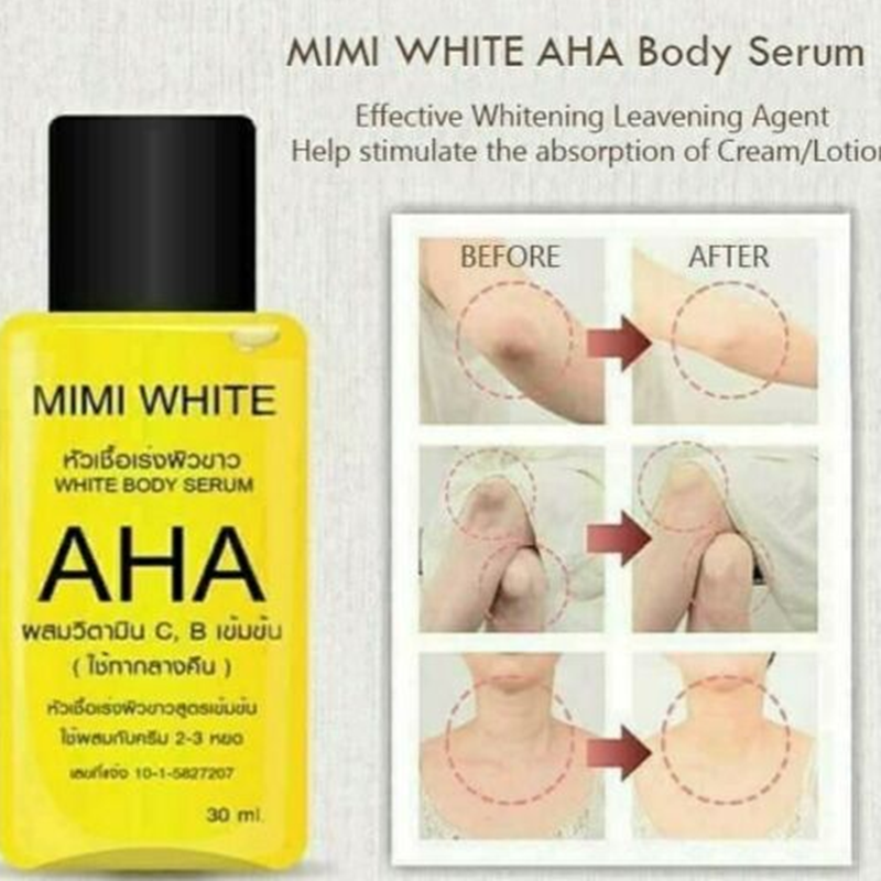 Mimi White Thai Serum AHA Whitening Body Serum, dissolvenza macchie nere e cicatrici, illumina la pelle nera sotto braccia, ginocchia, caviglie 30 ml