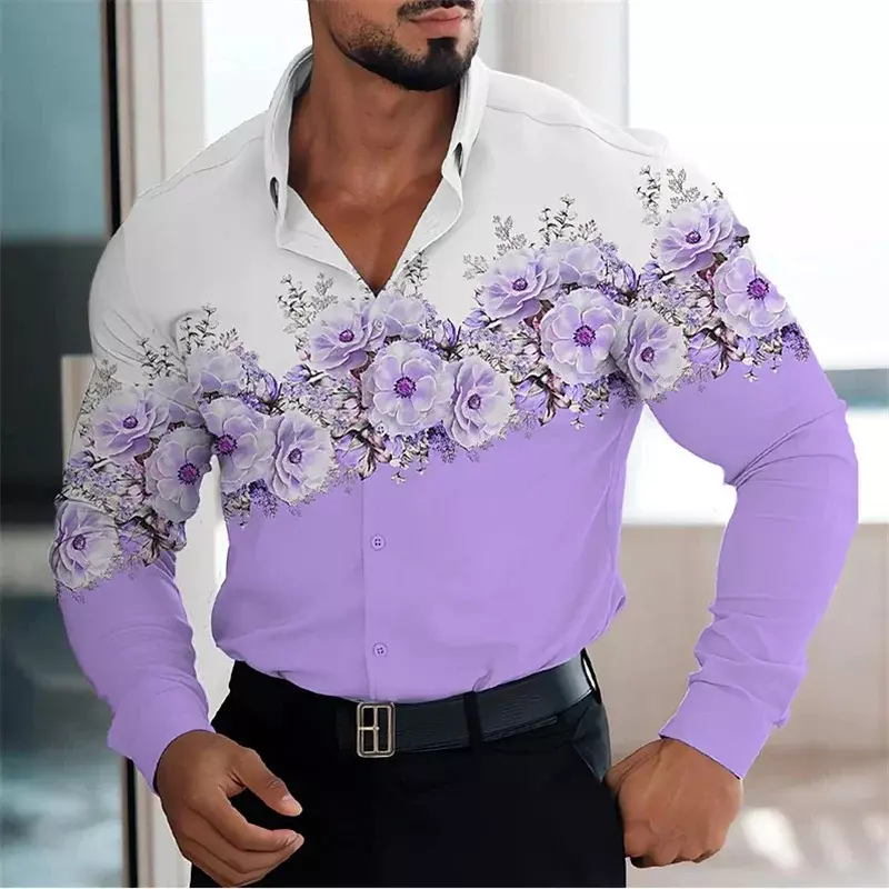 Мужская рубашка с воротником на пуговицах, Повседневная рубашка с длинным рукавом и 3D-принтом цветов, уличная одежда, 2023