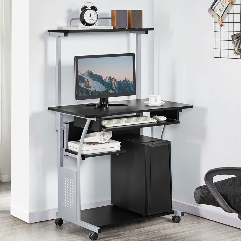 Topeakmart meja komputer 3 tingkat, rak Printer dan nampan Keyboard, Meja rumah, meja kantor, stasiun kerja, belajar bergulir