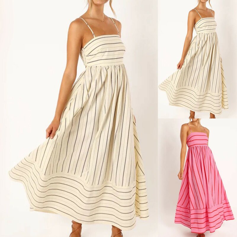 Women’s Fashion Striped Printed Spaghrtti Strap Long Dress Summer Sleeveless A-Line Maxi Dress Female Backless Dresses Vestidos