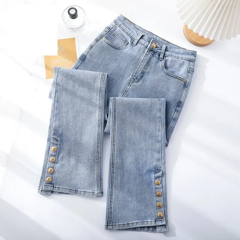Эластичные джинсы, Новинка весна-осень 2024, женские узкие расклешенные брюки с высокой талией, женские повседневные джинсовые брюки с разрезом
