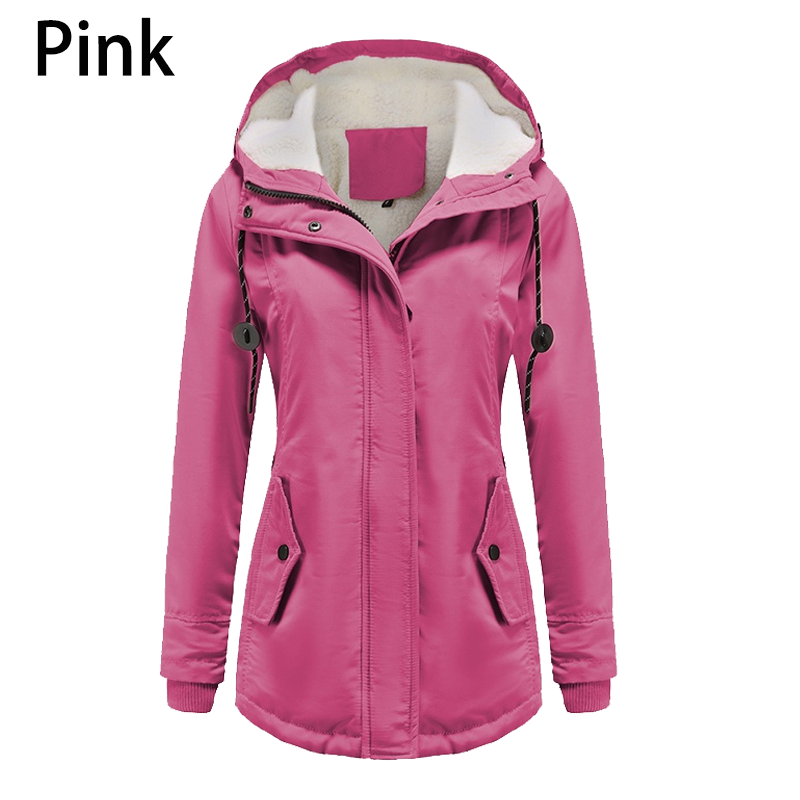 Women's Autumn Winter Coat Warm Solid Plush Thickened Long Jacket Outdoor Hiking Hooded Casual Windproof Parka Coat Overcoat
