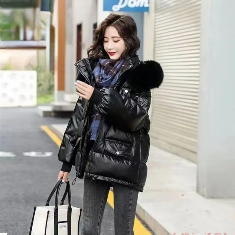 2024 New Women Down Jacket Winter Coat Female Short Parkas Loose Thick Warm Outwear Hooded Fur Collar Leisure Time Overcoat