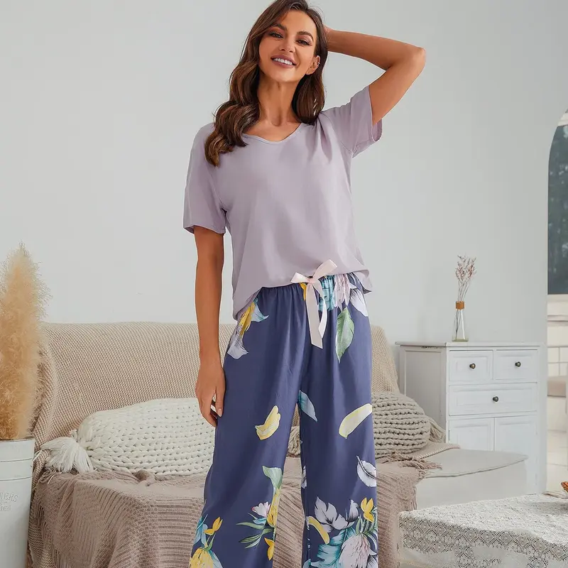 Summer Pajamas Set Women Comfortable Cotton Viscose Contrasting Color Pajamas Short Sleeve Tops with Long Trousers Ladies Pj Set