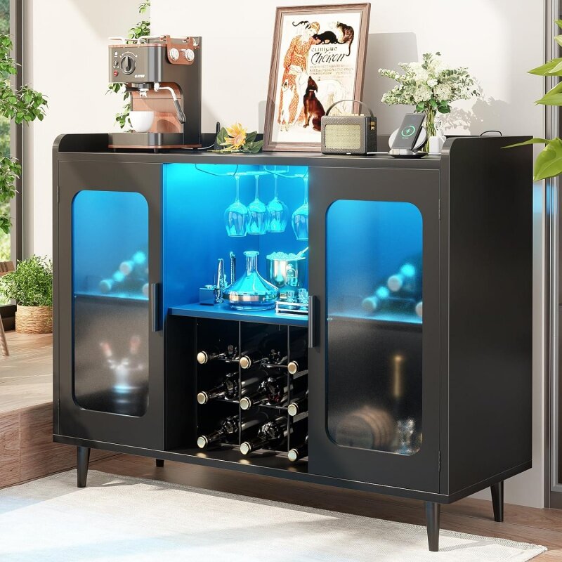 Wine Bar Cabinet com Power Outlet, Liquor Light, Suporte De Vidro, Home Coffee Buffet, Sideboar