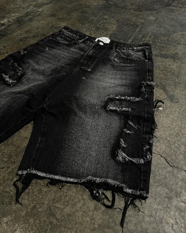 Gótico Rock Cross carta bordado padrão Jeans curto masculino, moda americana, Harajuku cintura alta, Hip Hop, rua, Y2K