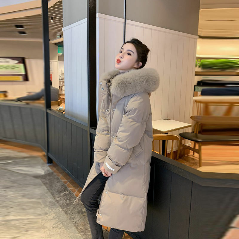 여성용 후드 모피 칼라 중간 길이 파카, 한국 패션, 캐주얼 루즈, 두꺼운 따뜻한 코트, 겨울 신상, R495