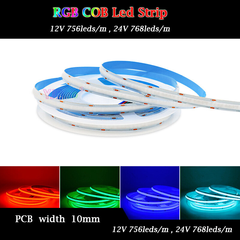 RGB COB LED Strip Lights, fita flexível de alto brilho, luz colorida, PCB branco, atmosfera FCOB, 5m, 12V, 24V, 756 LEDs, 768 LEDs/m, 10mm