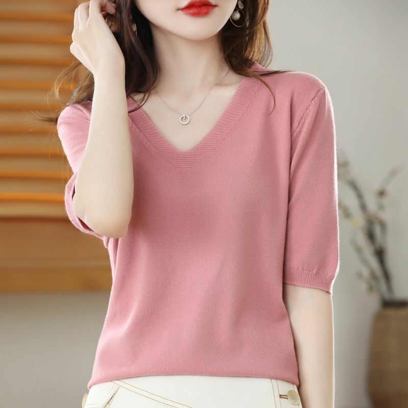 Blusa de moda con cuello en V empalmado de Color sólido, ropa de mujer que combina con todo, suéteres casuales sueltos, camisa coreana 2023