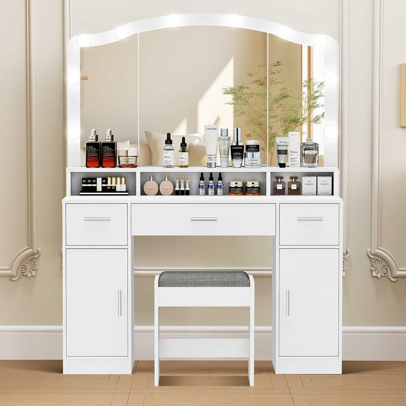 usikey Makeup Vanity with Lights, Vanity Desk, Makeup Vanity Table with 3 Drawers, 2 Cabinets & Long Storage Shelf, 10 Led Light