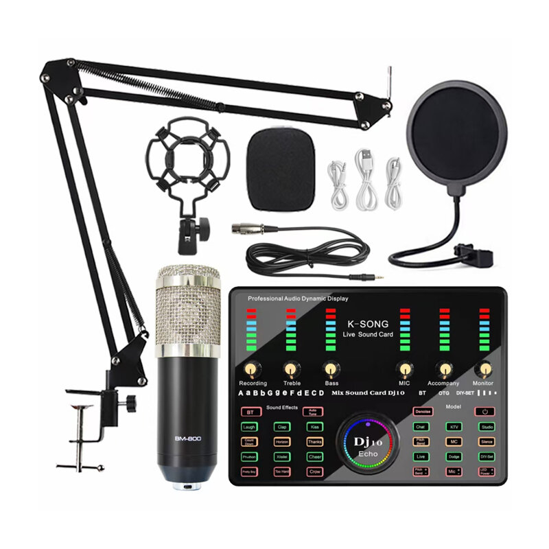 Micrófono de condensador con luz LED de escritorio, juego de tarjeta de sonido de canciones, grabación externa, DJ10 K, recién llegado, bm800