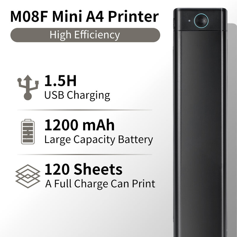 Stampante termica portatile phommemo M08F A4, supporta carta termica A4 da 8.26 "x 11.69", stampanti da viaggio mobili Wireless per auto e ufficio