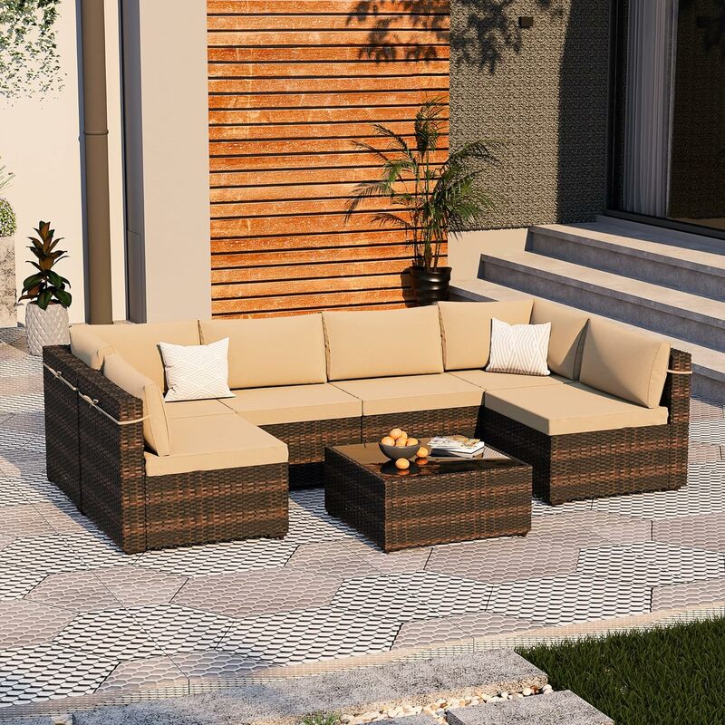 7 Pieces Patio Furniture Set Outdoor Sectional Sofa Set, Brown PE Rattan Wicker Conversation Set with Coffee Table for Deck