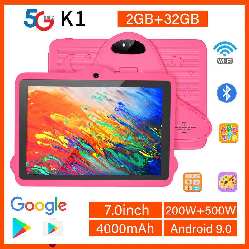 BDF-Tableta Android de 7 pulgadas para niños, Tablet con Google Play, Quad Core, 32GB de ROM, cámaras duales, Bluetooth, 5G, WiFi, regalos para niños, novedad de 2024