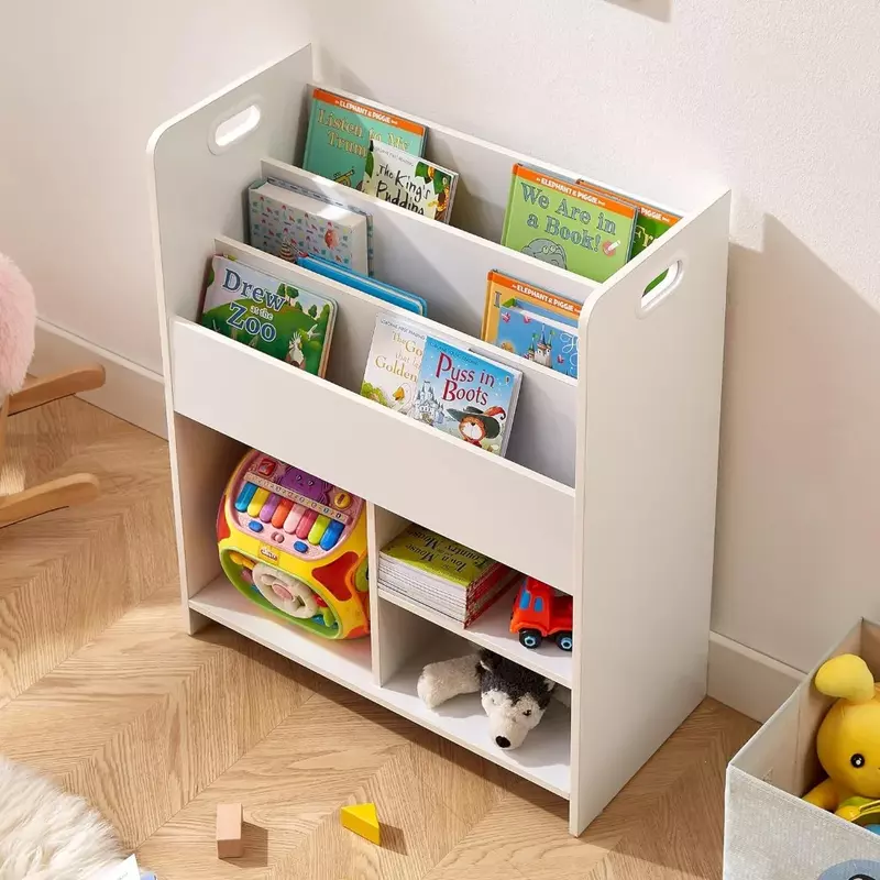 Bücherregal für Kinder, 2-in-1-Bücherregal für Kinder mit Bücherregalen und 3 Würfeln in verschiedenen Größen, Spielzeugs chrank aus Holz