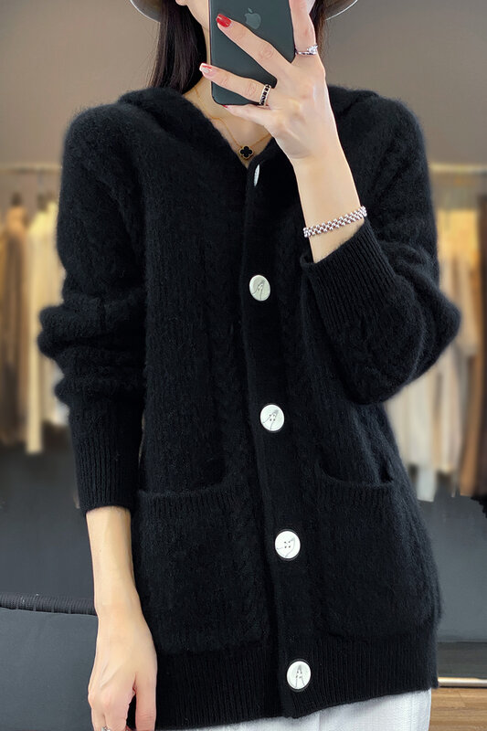 Autumn And Winter New Ladies 100% Pure Wool Hooded Cardigan Thick Coat Twist Pocket Knit Loose Sweater