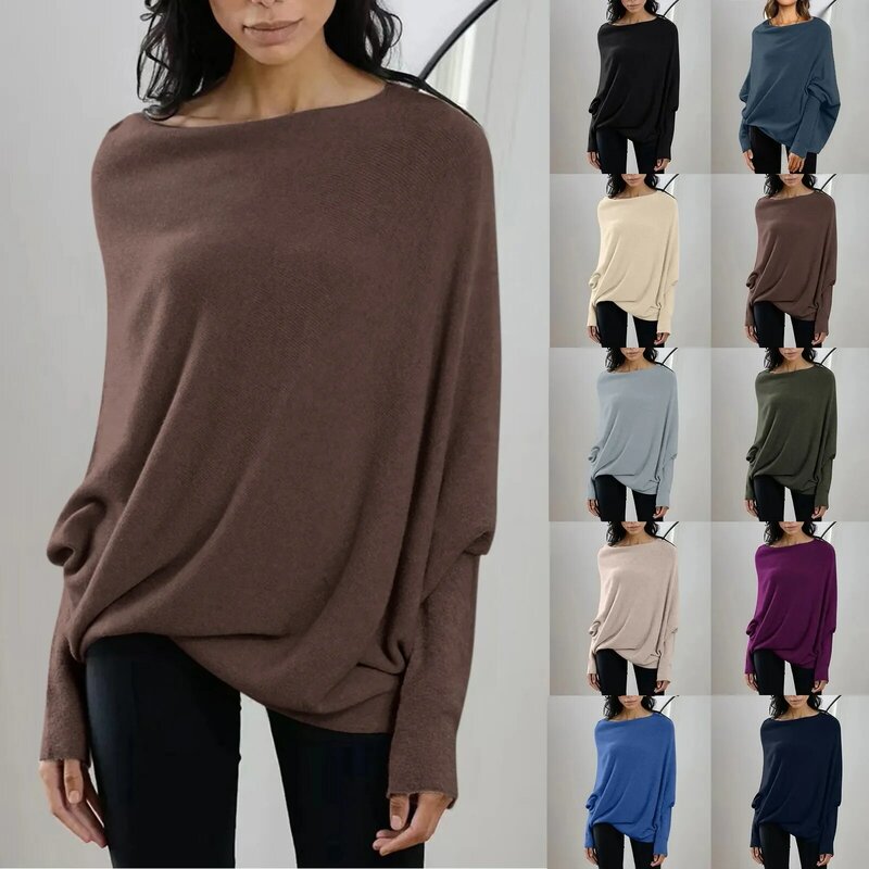 Suéter de manga comprida feminino, pulôver desleixo, tops de túnica fora do pescoço, suéter largo de outono, luxo B, 31USD-mulheres