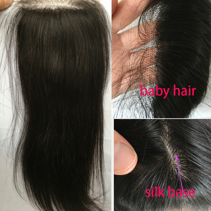 Sutra dasar 4x4IN renda penutupan Brasil Virgin rambut manusia sutra lurus alami warna hitam gratis bagian wig Frontal untuk wanita