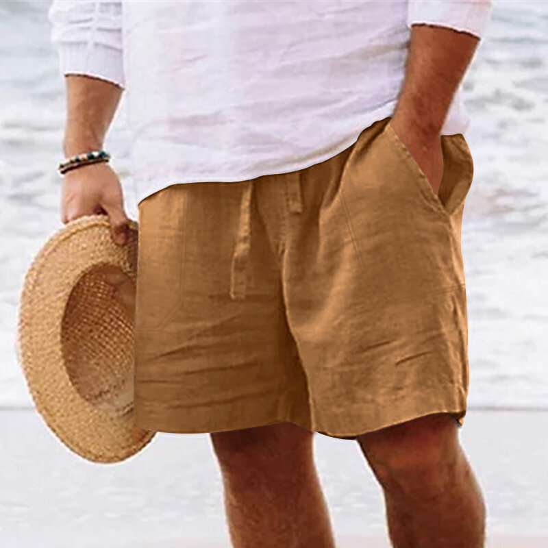 Мужские летние шорты из хлопка и льна с эластичной талией на шнурке, прямые ножки, однотонные, дышащие повседневные пляжные Капри