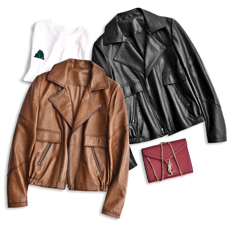 Casaco de couro genuíno para mulheres, pele de carneiro misturado, jaqueta curta pequena, planta de textura, nova moda outono