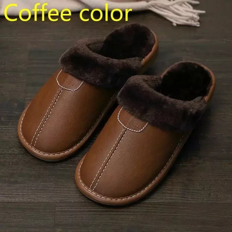 Zapatillas de piel sintética para hombre y mujer, zapatos de interior cálidos, impermeables, color negro, Invierno