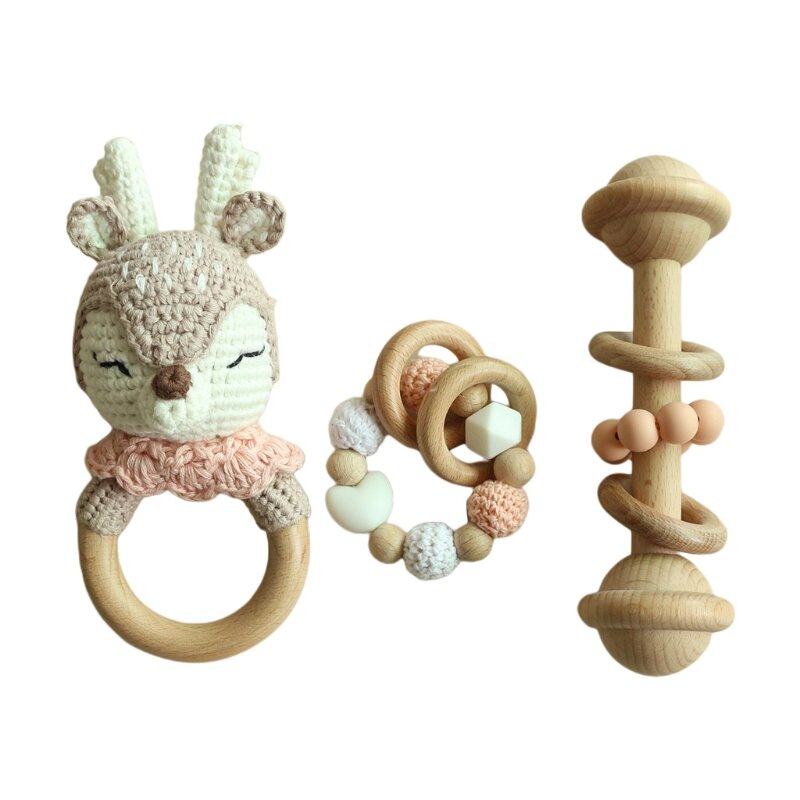 3 Stück Kleinkinder Holzperlen Rassel Beißring Pflegespielzeug Baby Neugeborene Zahnen Armbänder Häkeln Elch Schnuller