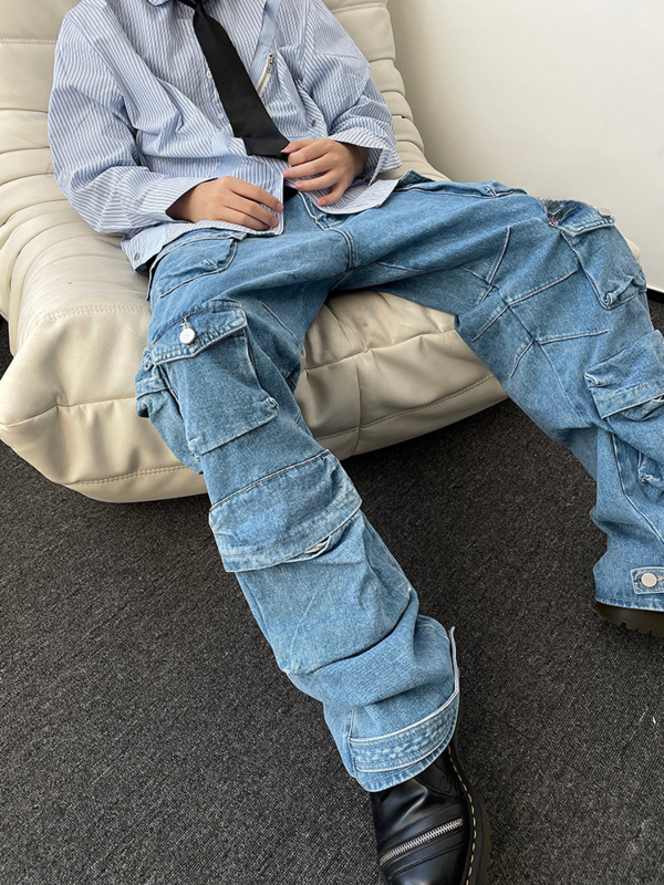 Neue y2k Stil Multi-Pocket-Werkzeug Cargo Jeans Herren amerikanische Retro Street Harajuku Hose gewaschen Wisch hose Jugend kleidung