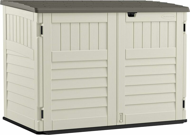 Suncast-cobertizo de almacenamiento Horizontal de 5,9 pies x 3,7 pies, almacenamiento al aire libre similar a la madera Natural para botes de basura y herramientas de patio