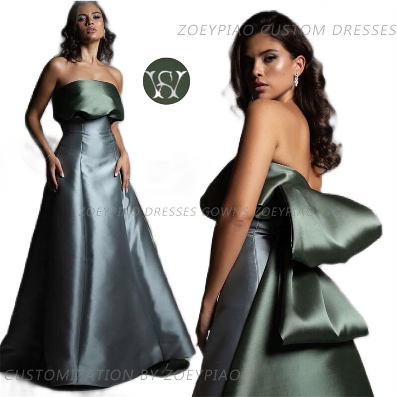 Vintage Blue/Green Floor Length Party Evening Dresses Strapless Satin Satin Arabic Back Bow Women Night Prom Gowns Dress